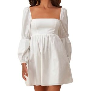 White Square Neck Long Puff Sleeve Mini Dress